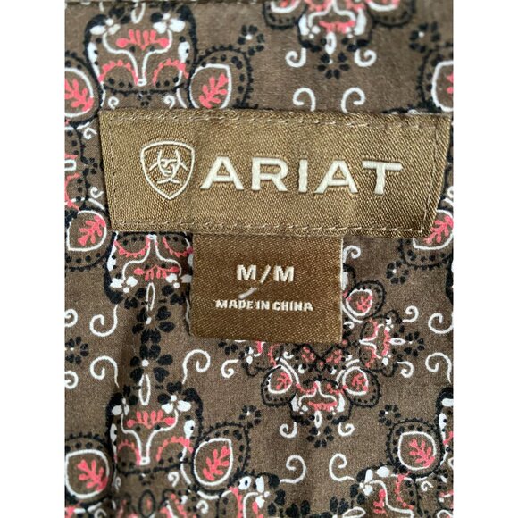 Ariat Mens M Brown & Pink Paisley Long Sleeve Western Pearl Snap Shirt - Picture 2 of 11